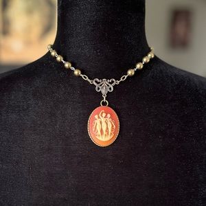 Vintage Carnelian Three Graces Fates Muses Victorian Style Cameo Necklace